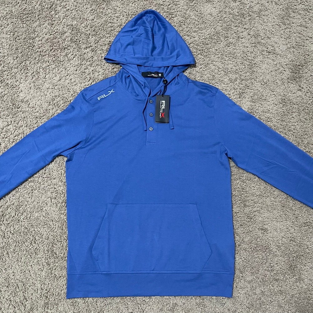 RLX Ralph Lauren Hoodie Mens Medium Blue Henley Golf Pullover Kangaroo Pockets